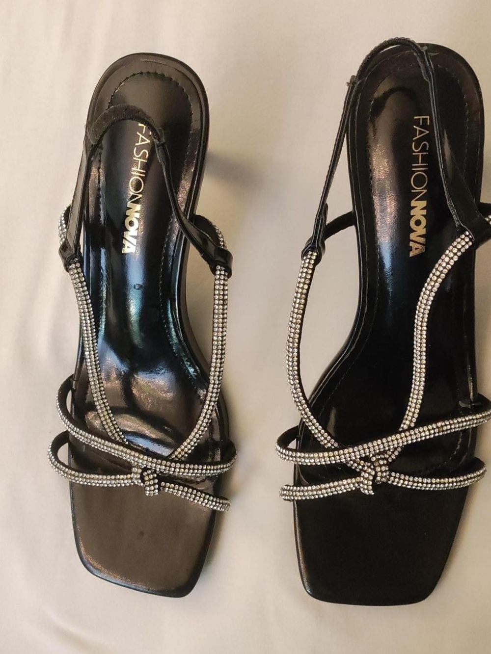Fashion Nova Black Crystal-Strap Square Toe Slingback Heels